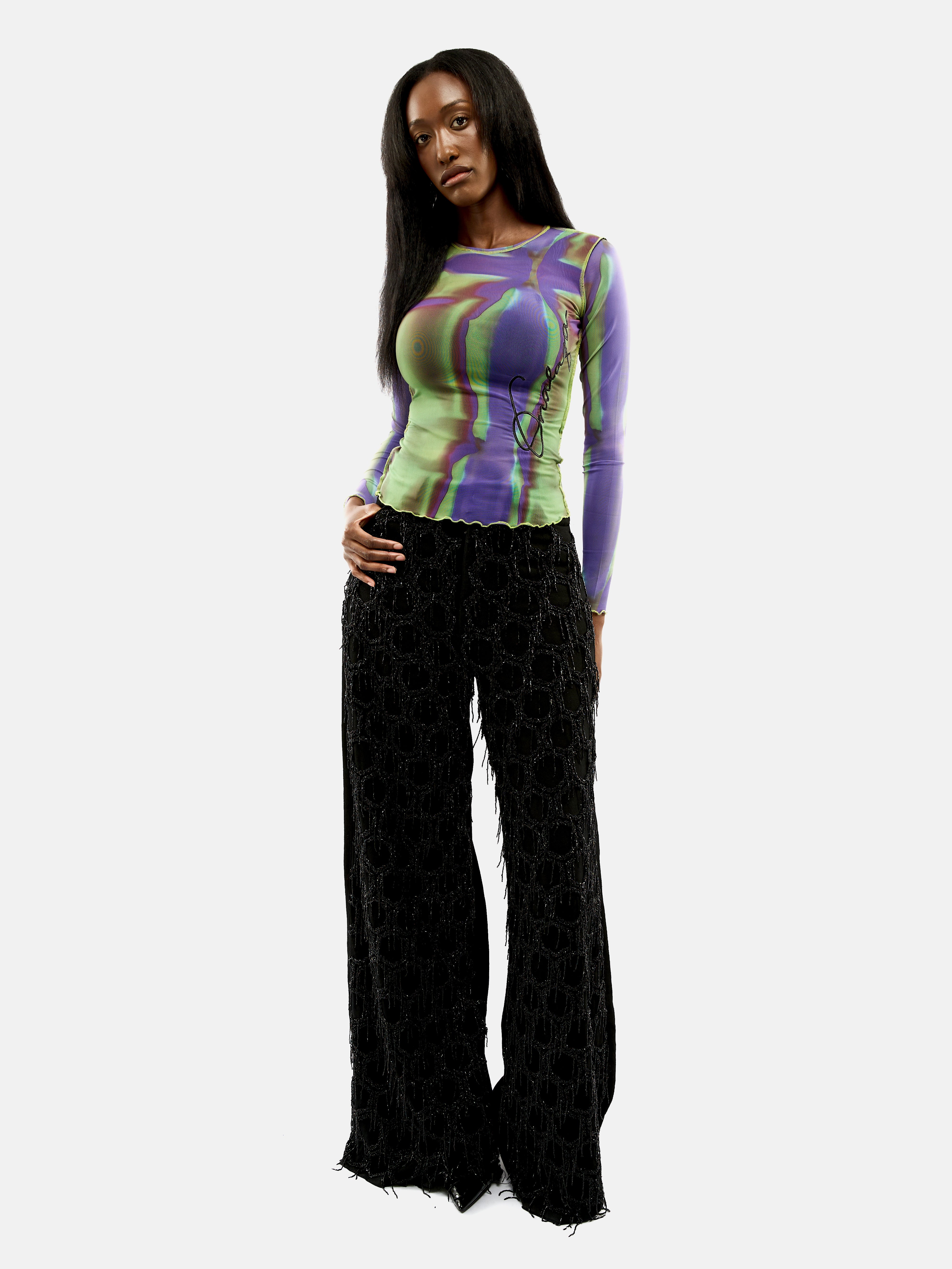 Onalaja Script Embroidered Top (Green Purple)