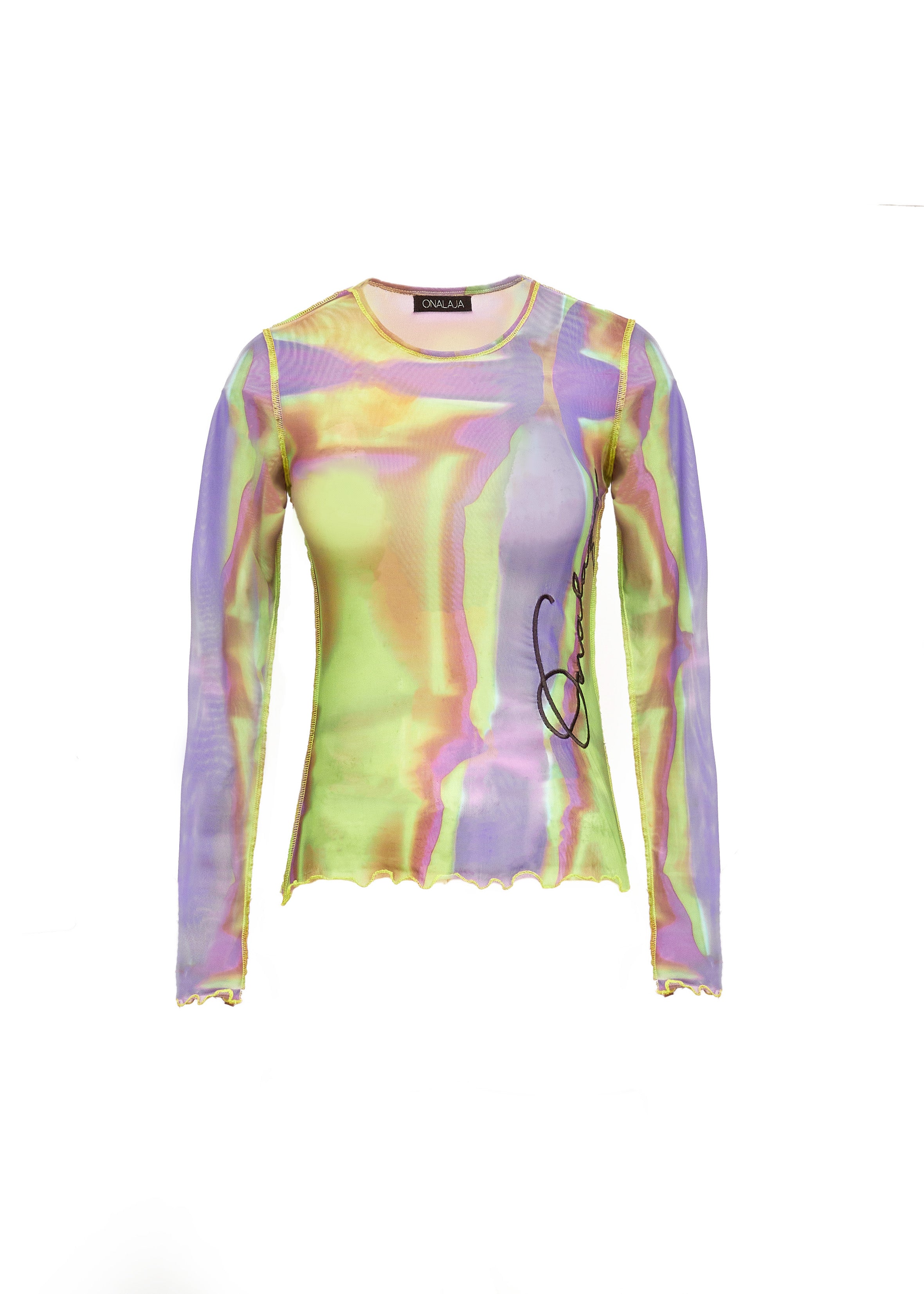 Onalaja Script Embroidered Top (Green Purple)
