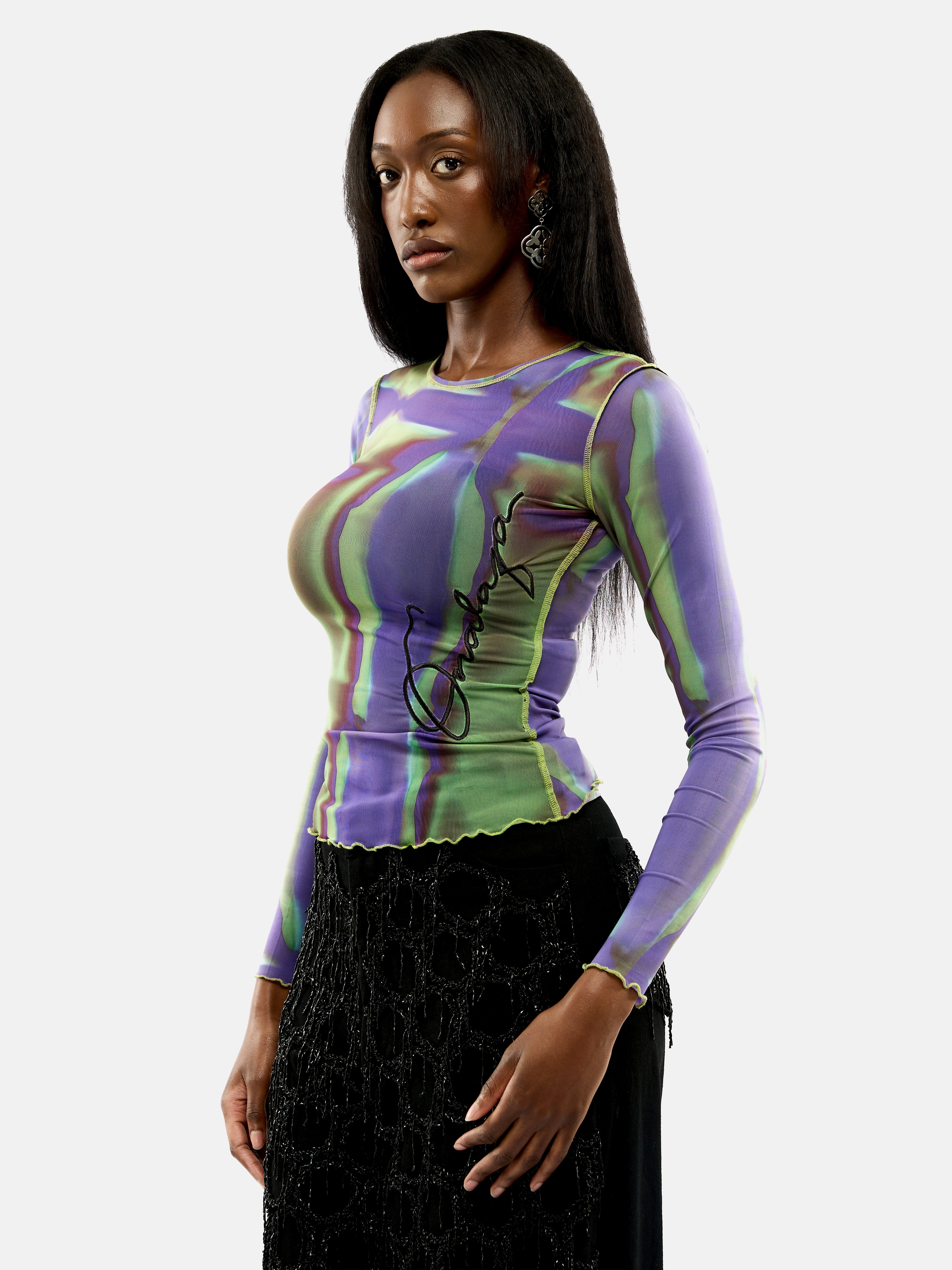 Onalaja Script Embroidered Top (Green Purple)