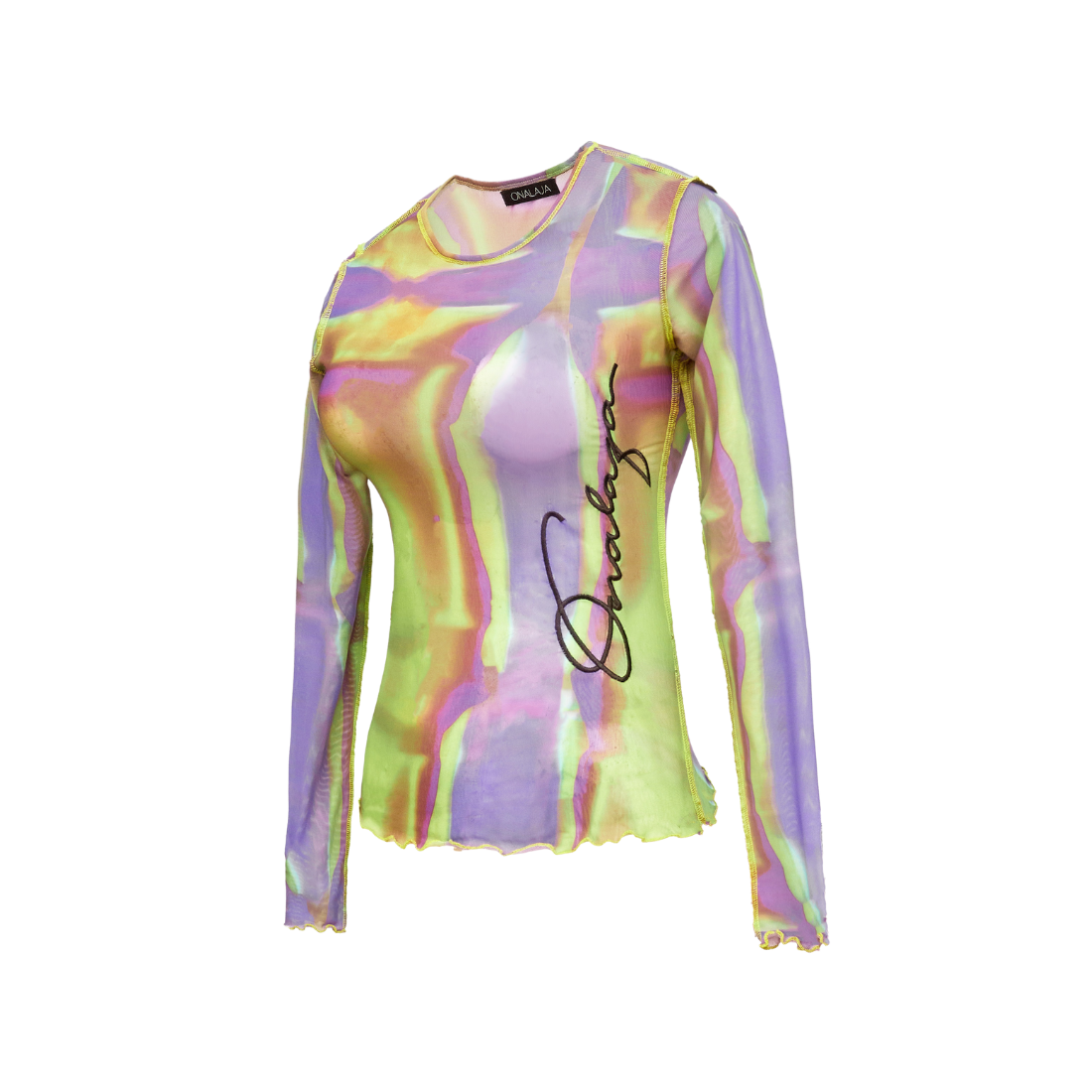 Onalaja Script Embroidered Top (Green Purple)